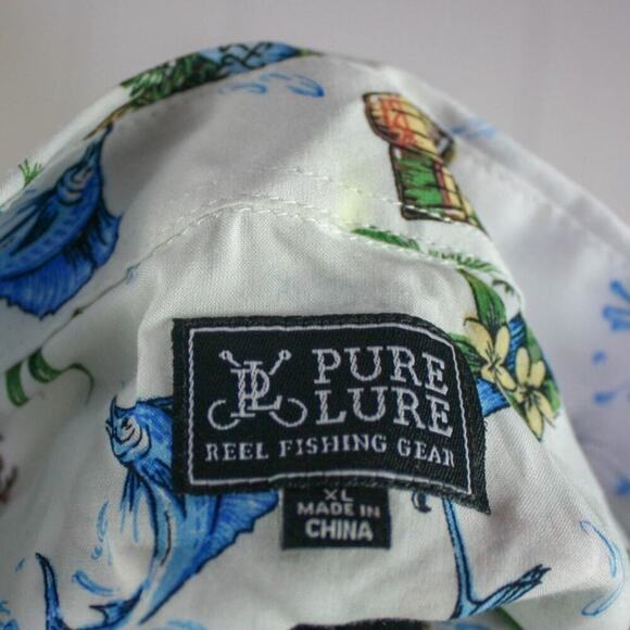 Pure Lure Button Down Short Sleeve Top Tropical Print Fishing Rayon XL - Picture 4 of 5